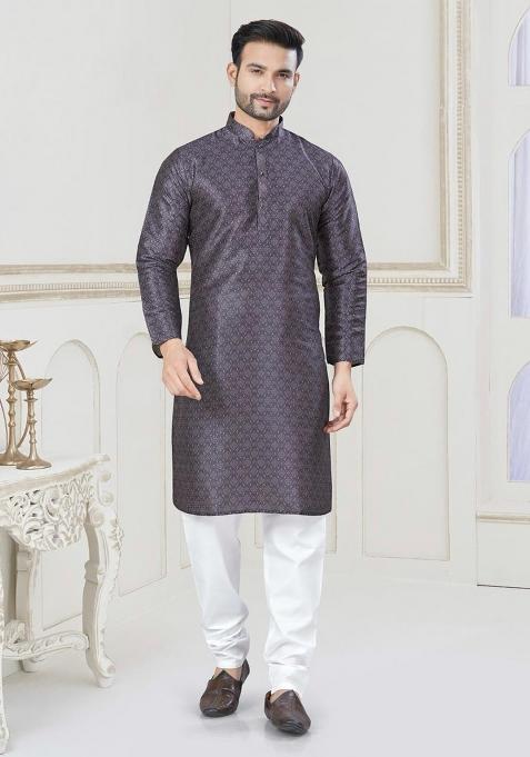 Purple Jacquard Silk Jacquard Kurta Pyjama For Men