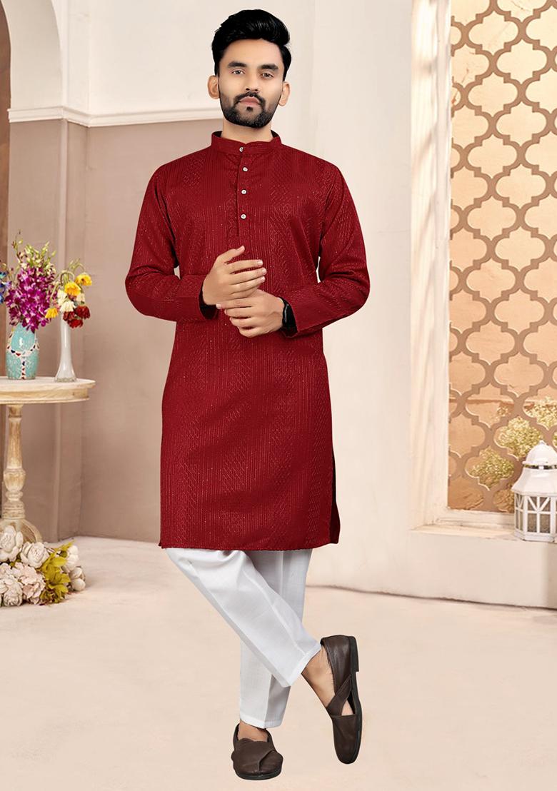 Red Cotton Embroidered Kurta Pyjama For Men
