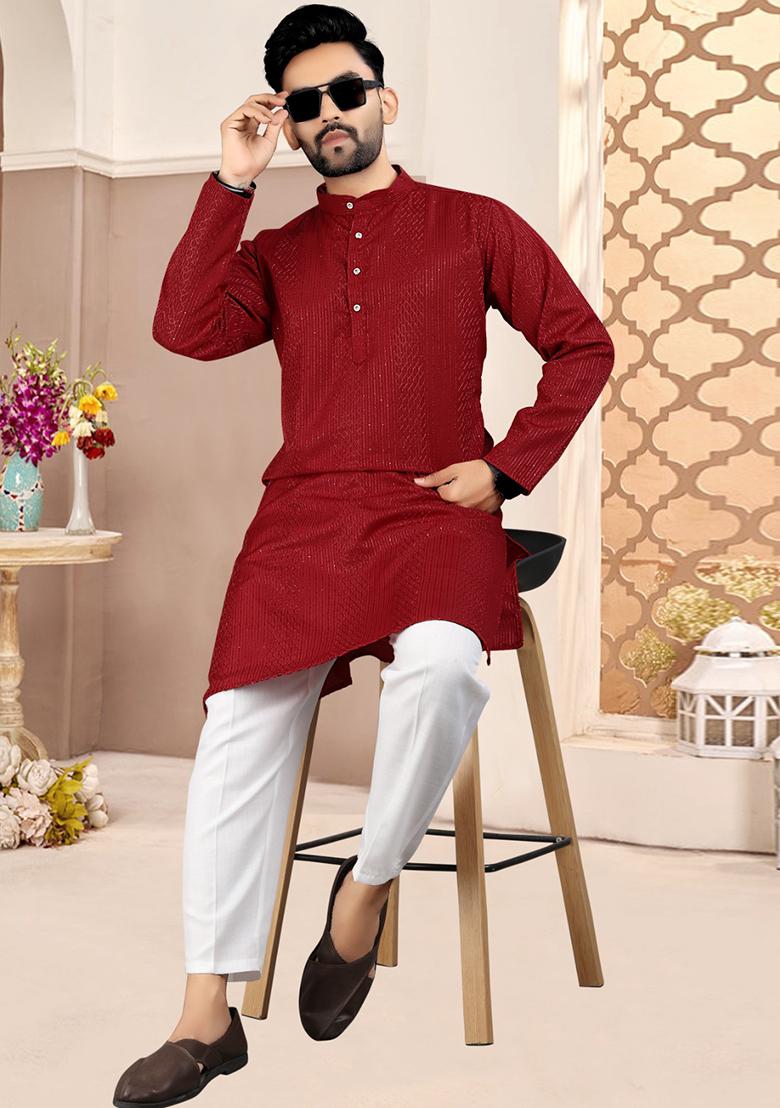 Red Cotton Embroidered Kurta Pyjama For Men