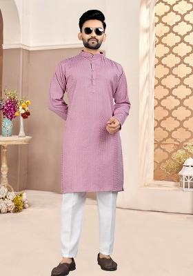 Purple Cotton Embroidered Kurta Pyjama For Men