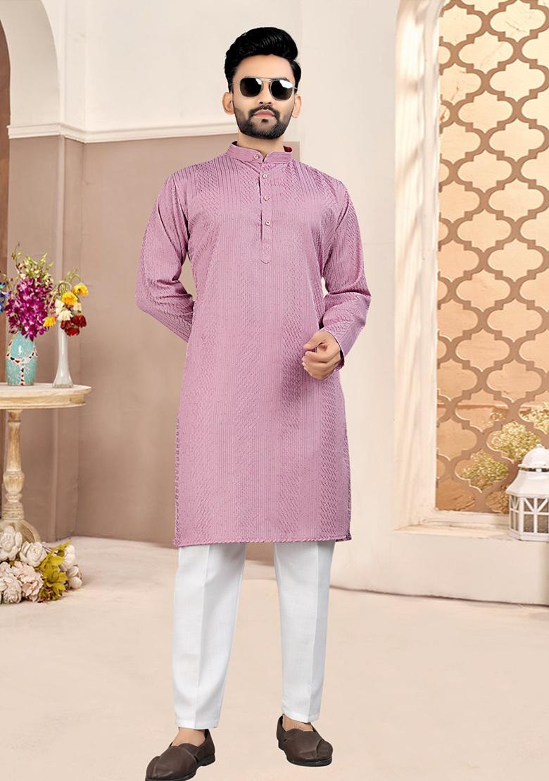 Purple Cotton Embroidered Kurta Pyjama For Men