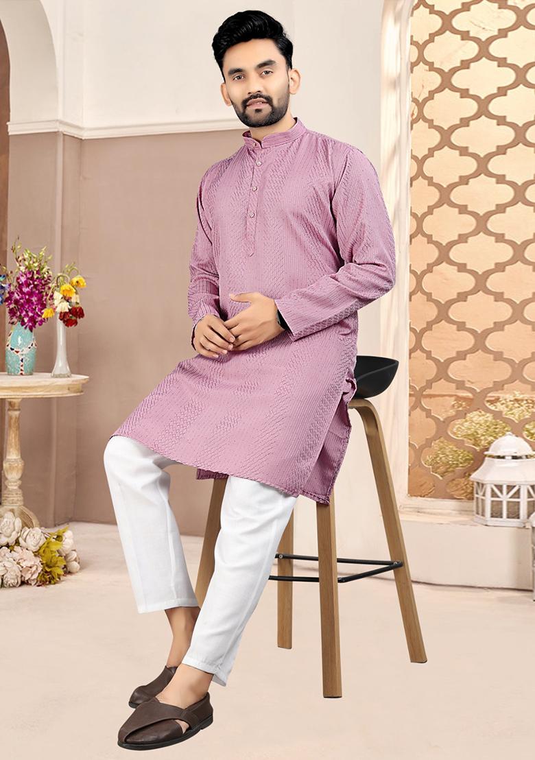 Purple Cotton Embroidered Kurta Pyjama For Men