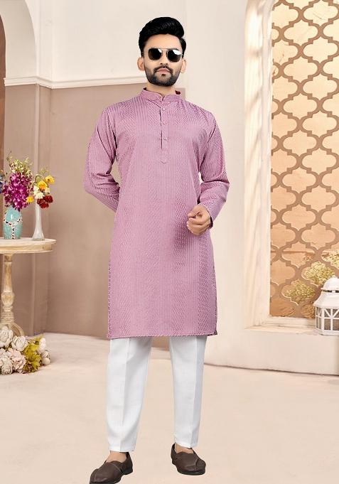 Purple Cotton Embroidered Kurta Pyjama For Men