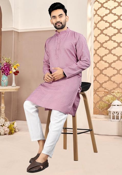 Purple Cotton Embroidered Kurta Pyjama For Men