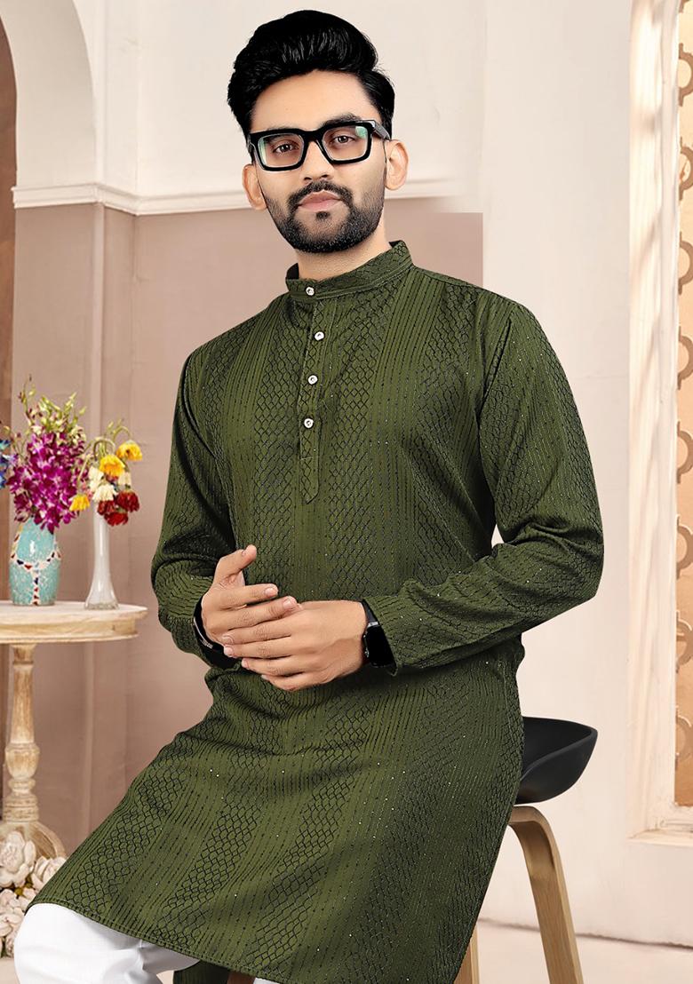 Green Cotton Embroidered Kurta Pyjama For Men