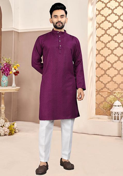 Wine Cotton Embroidered Kurta Pyjama For Men