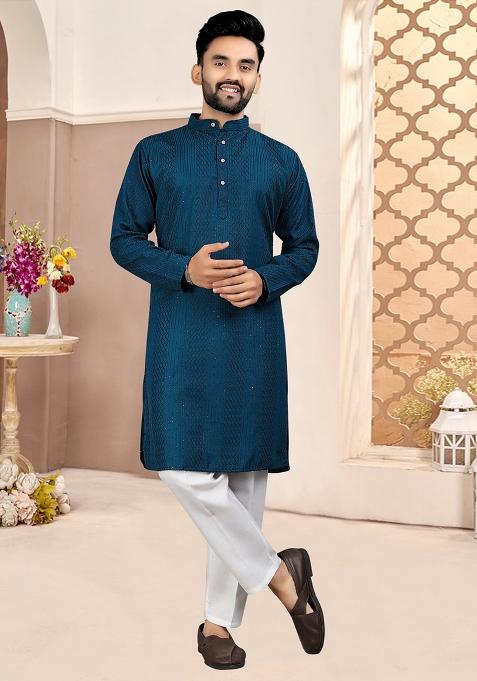 Rama Cotton Embroidered Kurta Pyjama For Men