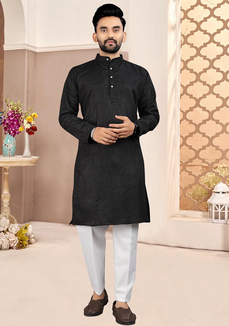 Black Cotton Embroidered Kurta Pyjama For Men