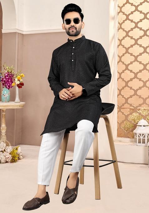 Black Cotton Embroidered Kurta Pyjama For Men