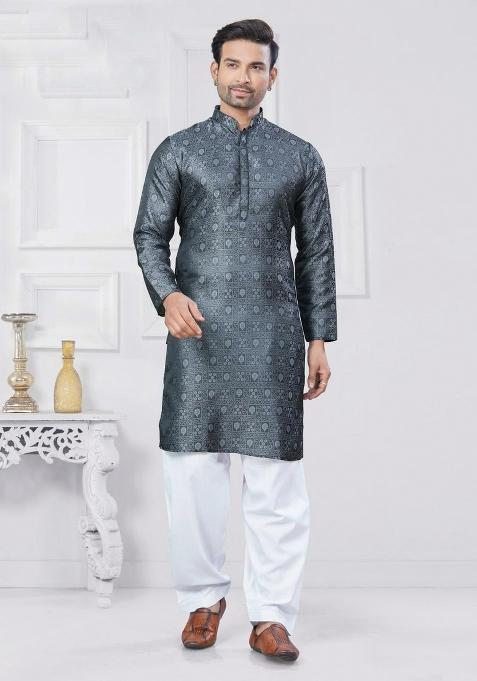 Grey Jacquard Silk Jacquard Work Kurta Pyjama For Men