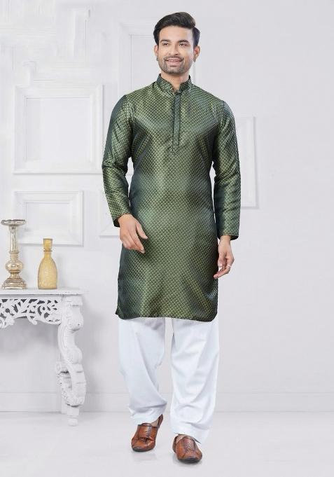 Olive Jacquard Silk Jacquard Work Kurta Pyjama For Men
