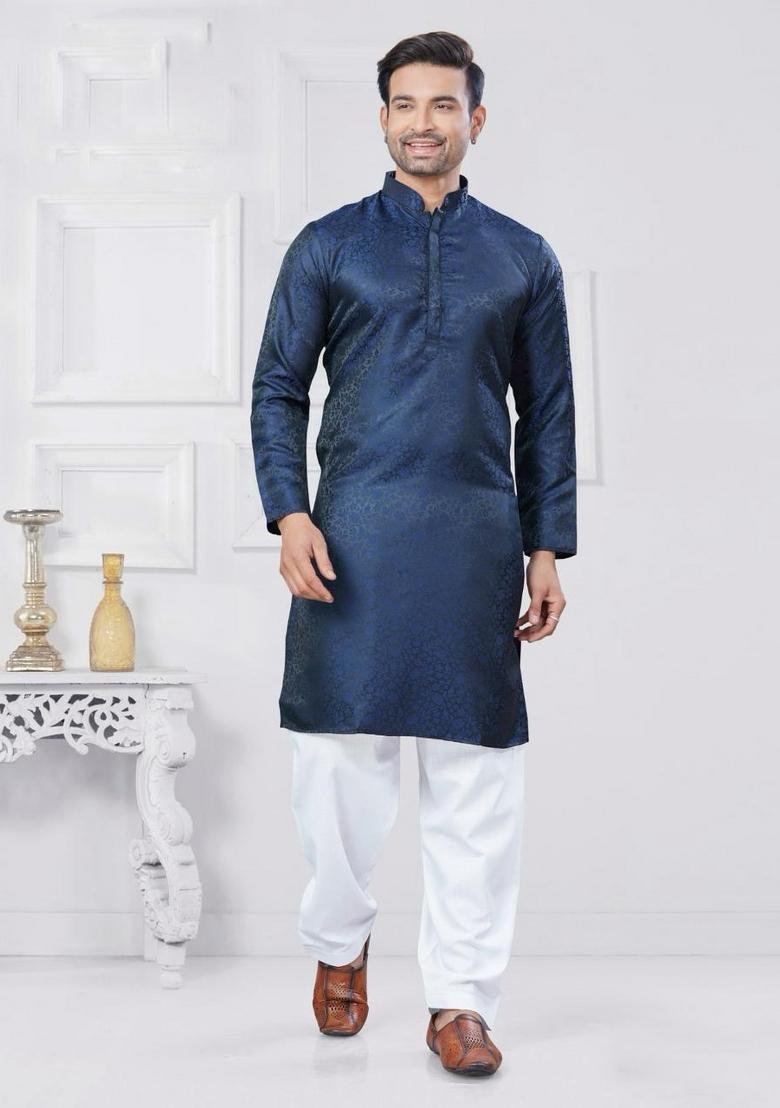 Blue Jacquard Silk Jacquard Work Kurta Pyjama For Men