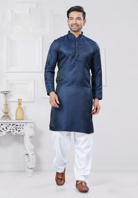 Blue Jacquard Silk Jacquard Work Kurta Pyjama For Men