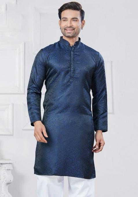 Blue Jacquard Silk Jacquard Work Kurta Pyjama For Men