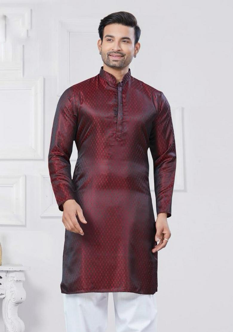Maroon Jacquard Silk Jacquard Work Kurta Pyjama For Men