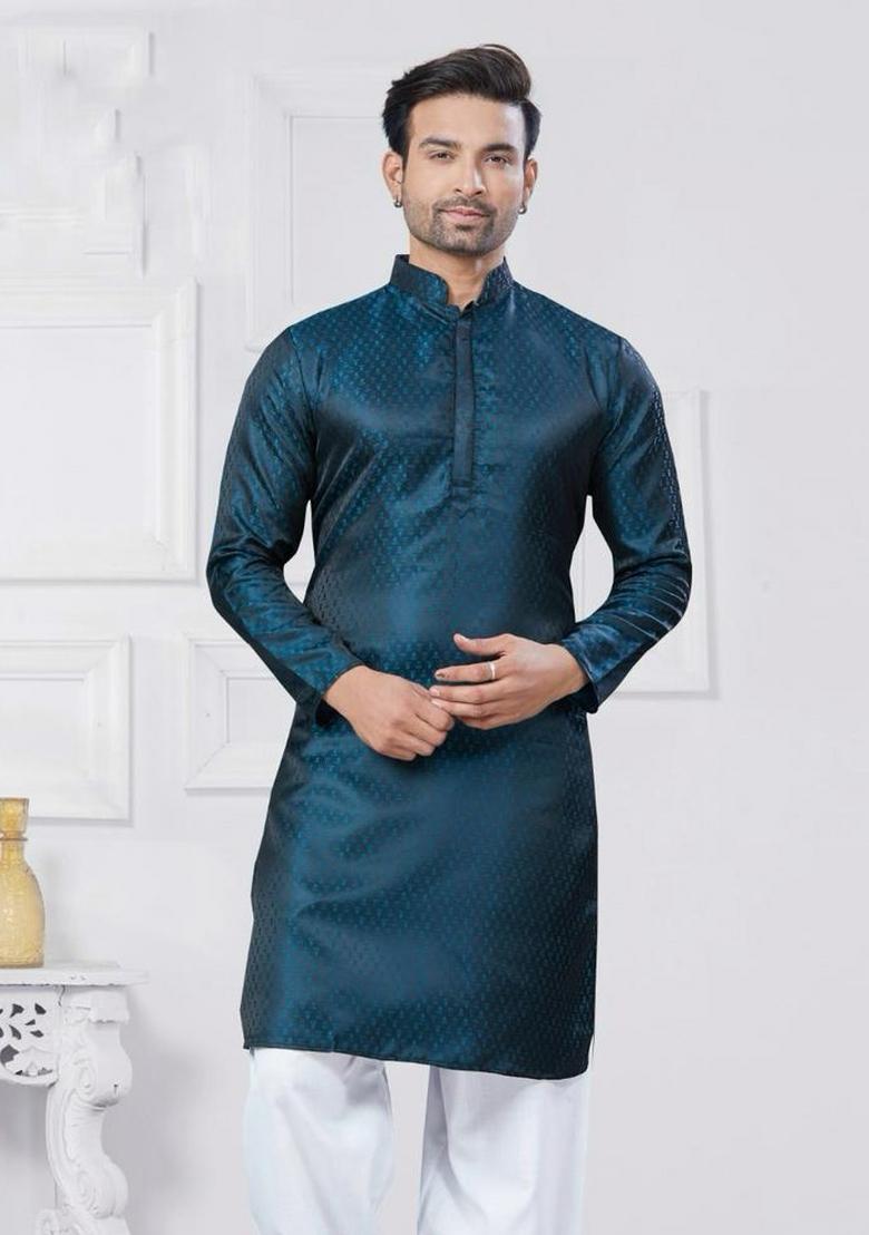 Teal Jacquard Silk Jacquard Work Kurta Pyjama For Men