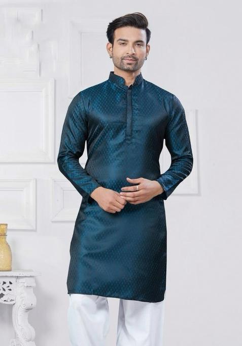 Teal Jacquard Silk Jacquard Work Kurta Pyjama For Men