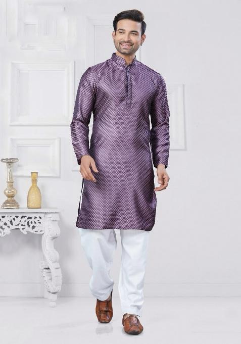 Purple Jacquard Silk Jacquard Work Kurta Pyjama For Men