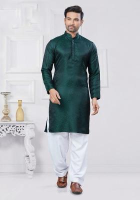 Green Jacquard Silk Jacquard Work Kurta Pyjama For Men