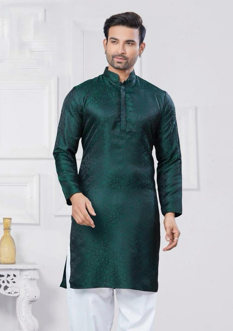 Green Jacquard Silk Jacquard Work Kurta Pyjama For Men
