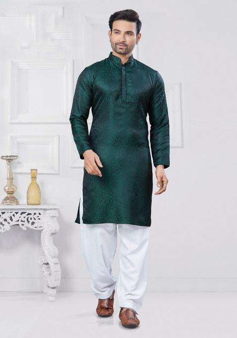 Green Jacquard Silk Jacquard Work Kurta Pyjama For Men