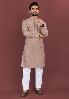 Brown Silk Embroidered Kurta Pyjama For Men