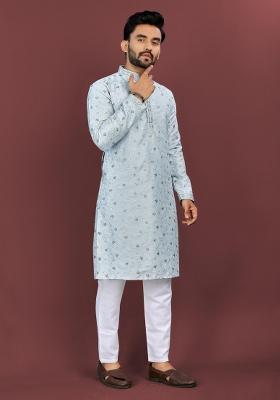 Light Blue Silk Embroidered Kurta Pyjama For Men