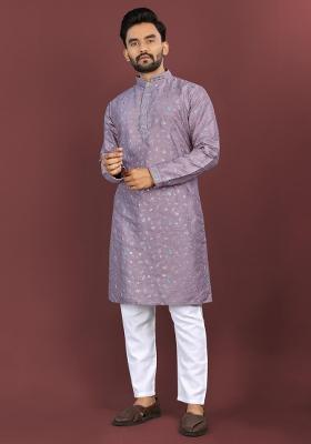 Purple Silk Embroidered Kurta Pyjama For Men