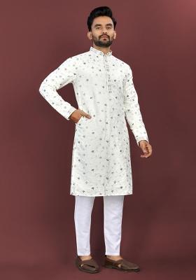 White Silk Embroidered Kurta Pyjama For Men