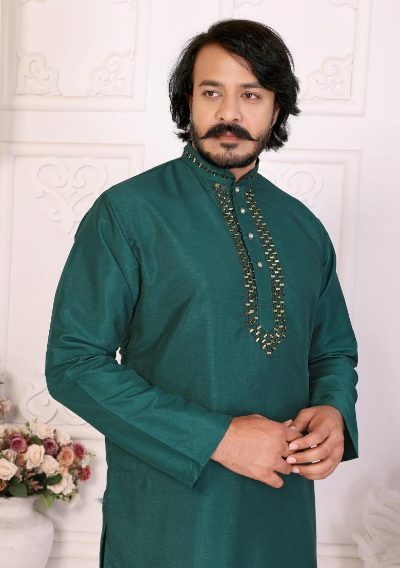 Teal Silk Sequins Work Kurta Pyjama For Men
