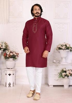 Maroon Silk Sequins Work Kurta Pyjama For Men