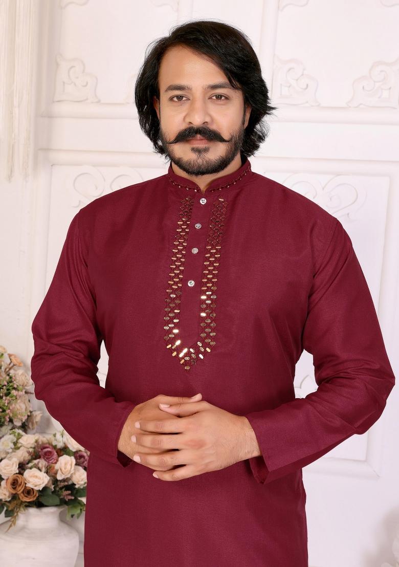 Maroon Silk Sequins Work Kurta Pyjama For Men