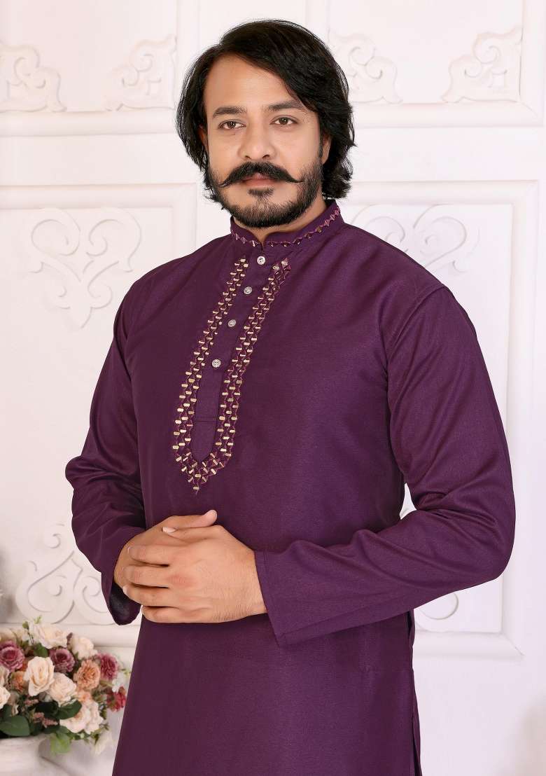 Purple Silk Sequins Work Kurta Pyjama For Men - Indya