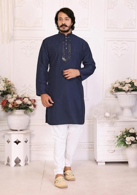 Navy Blue Silk Sequins Work Kurta Pyjama For Men