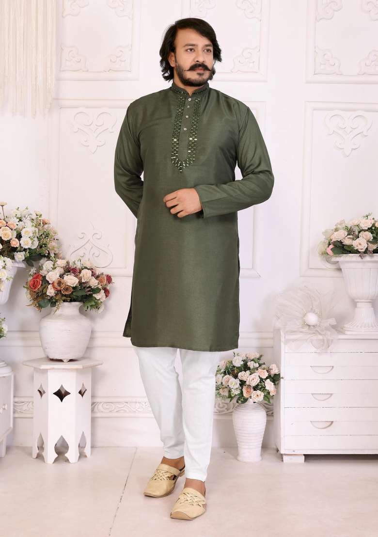 Olive Silk Sequins Work Kurta Pyjama For Men - Indya