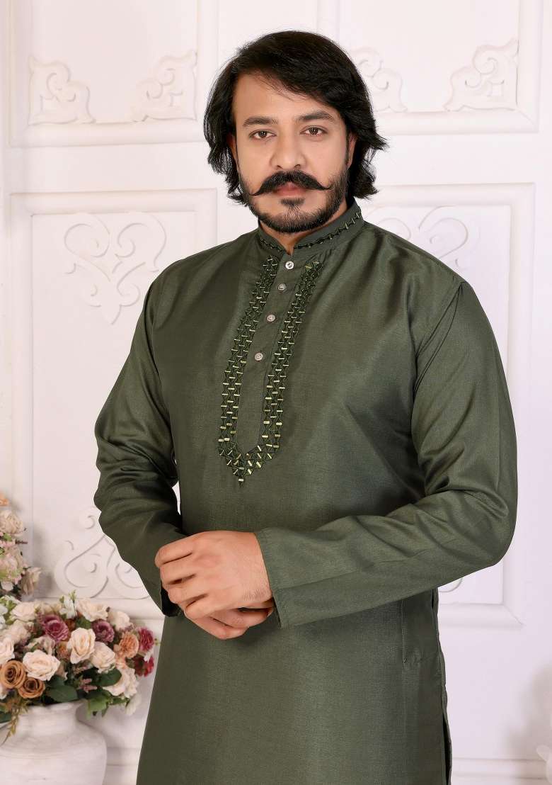 Olive Silk Sequins Work Kurta Pyjama For Men - Indya