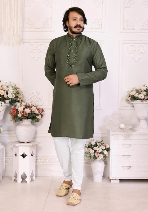 Olive Silk Sequins Work Kurta Pyjama For Men