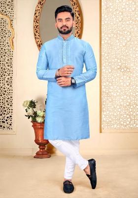 Light Blue Malbari Embroidered Kurta Pyjama For Men
