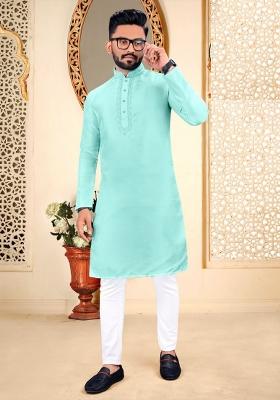 Sky Blue Malbari Embroidered Kurta Pyjama For Men
