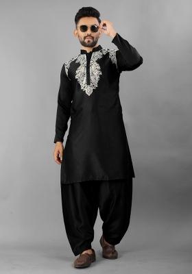 Black Satin Silk Embroidered Kurta Pyjama For Men