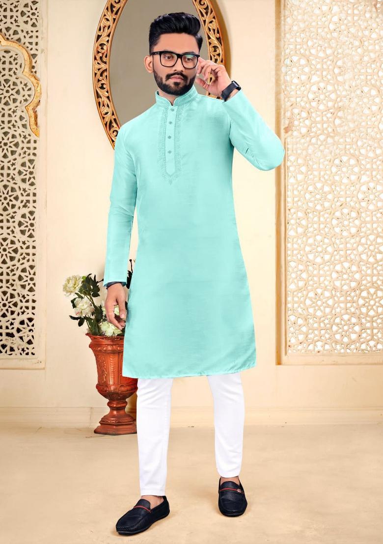 Light Blue Malbari Embroidered Kurta Pyjama For Men