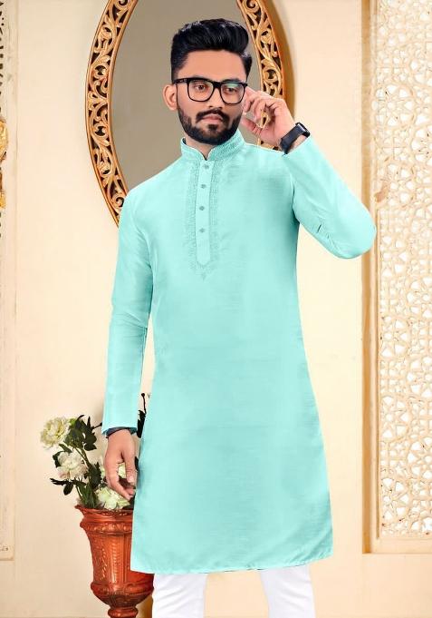 Light Blue Malbari Embroidered Kurta Pyjama For Men