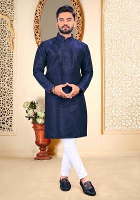 Navy Blue Malbari Embroidered Kurta Pyjama For Men