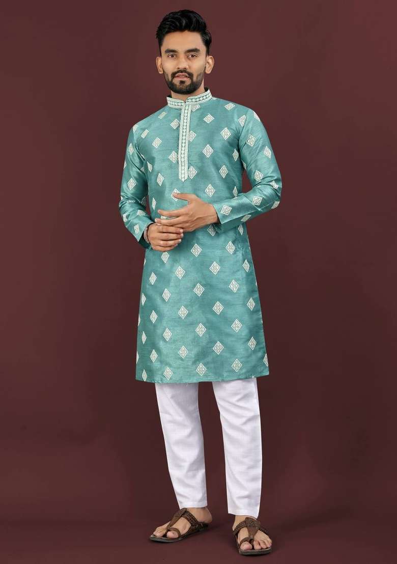 Blue Mono Silk Embroidery Sequins Work Kurta Pyjama For Men - Indya
