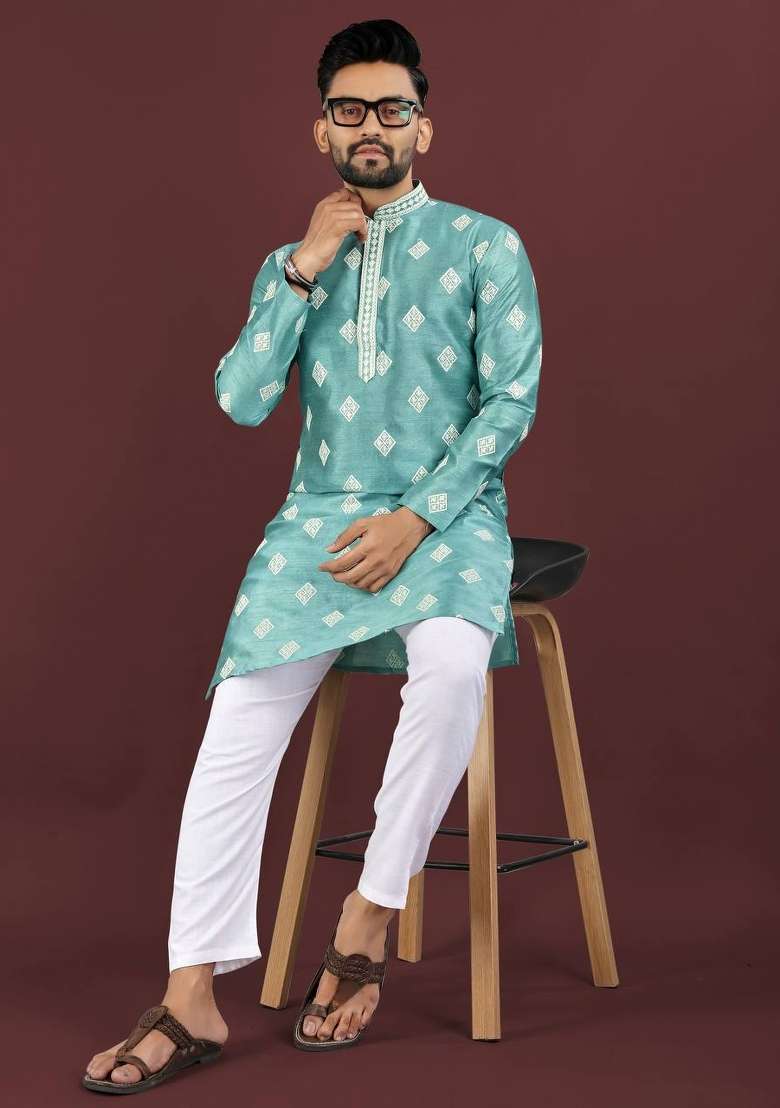 Blue Mono Silk Embroidery Sequins Work Kurta Pyjama For Men - Indya