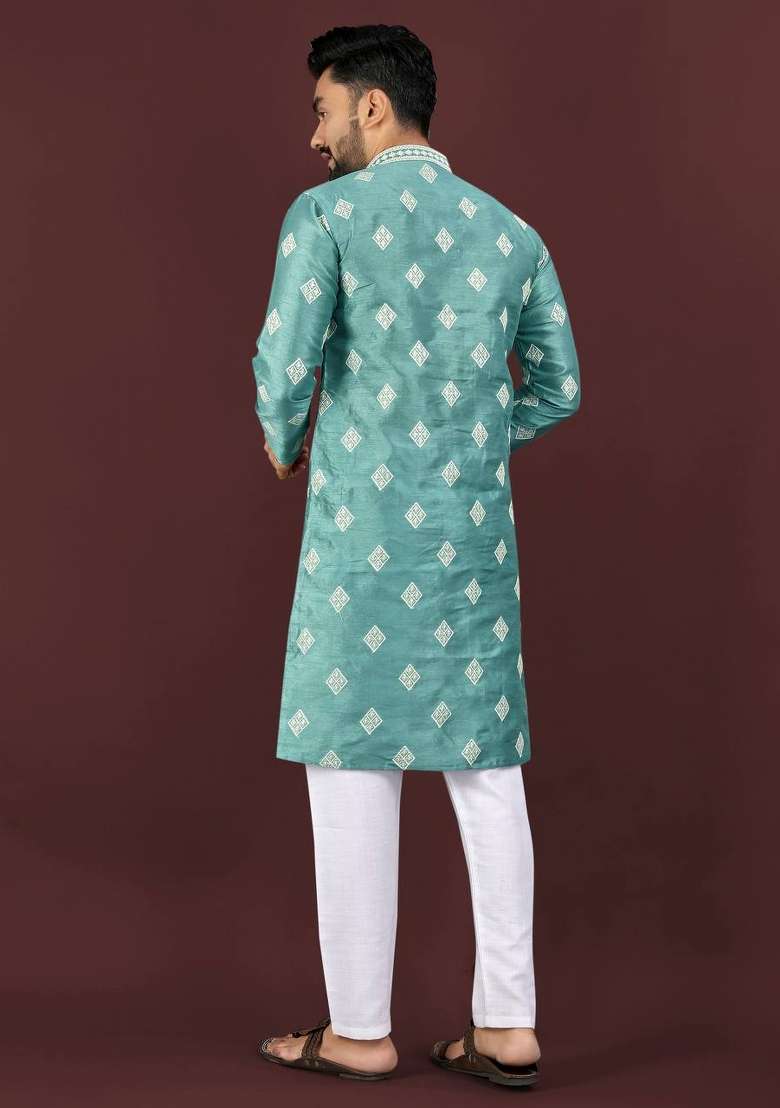 Blue Mono Silk Embroidery Sequins Work Kurta Pyjama For Men - Indya