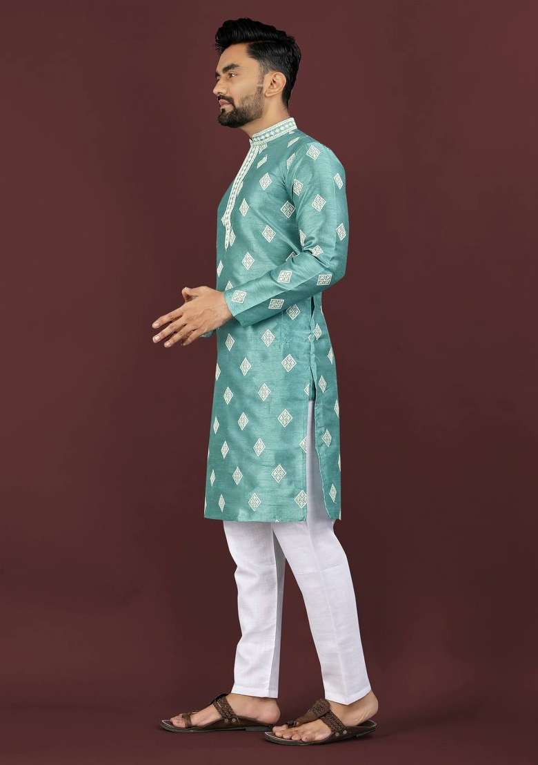 Blue Mono Silk Embroidery Sequins Work Kurta Pyjama For Men - Indya