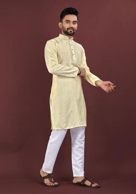 Yellow Viscose Silk Embroidery Sequins Work Kurta Pyjama For Men