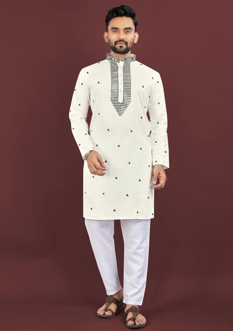 White Viscose Silk Embroidery Sequins Work Kurta Pyjama For Men