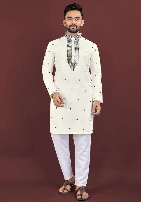 White Viscose Silk Embroidery Sequins Work Kurta Pyjama For Men